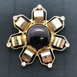 🔵$45/2 80s Gold Tone Floral Statement Brooch Black Fringed Gem Scarf Pin Clip